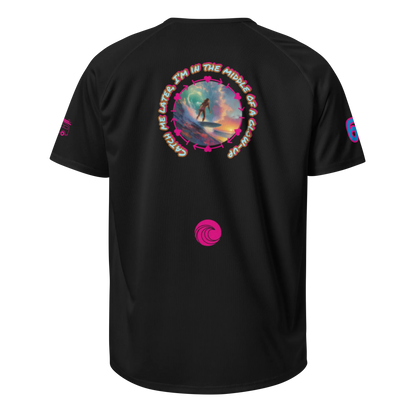 Black sports jersey, back graphic with circular surfer text and small swirl logo