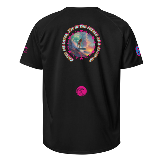 Black sports jersey, back graphic with circular surfer text and small swirl logo