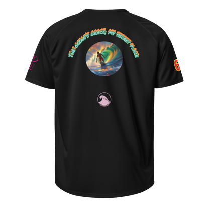 Black unisex sports jersey: back circle graphic, arched text, small surf logo