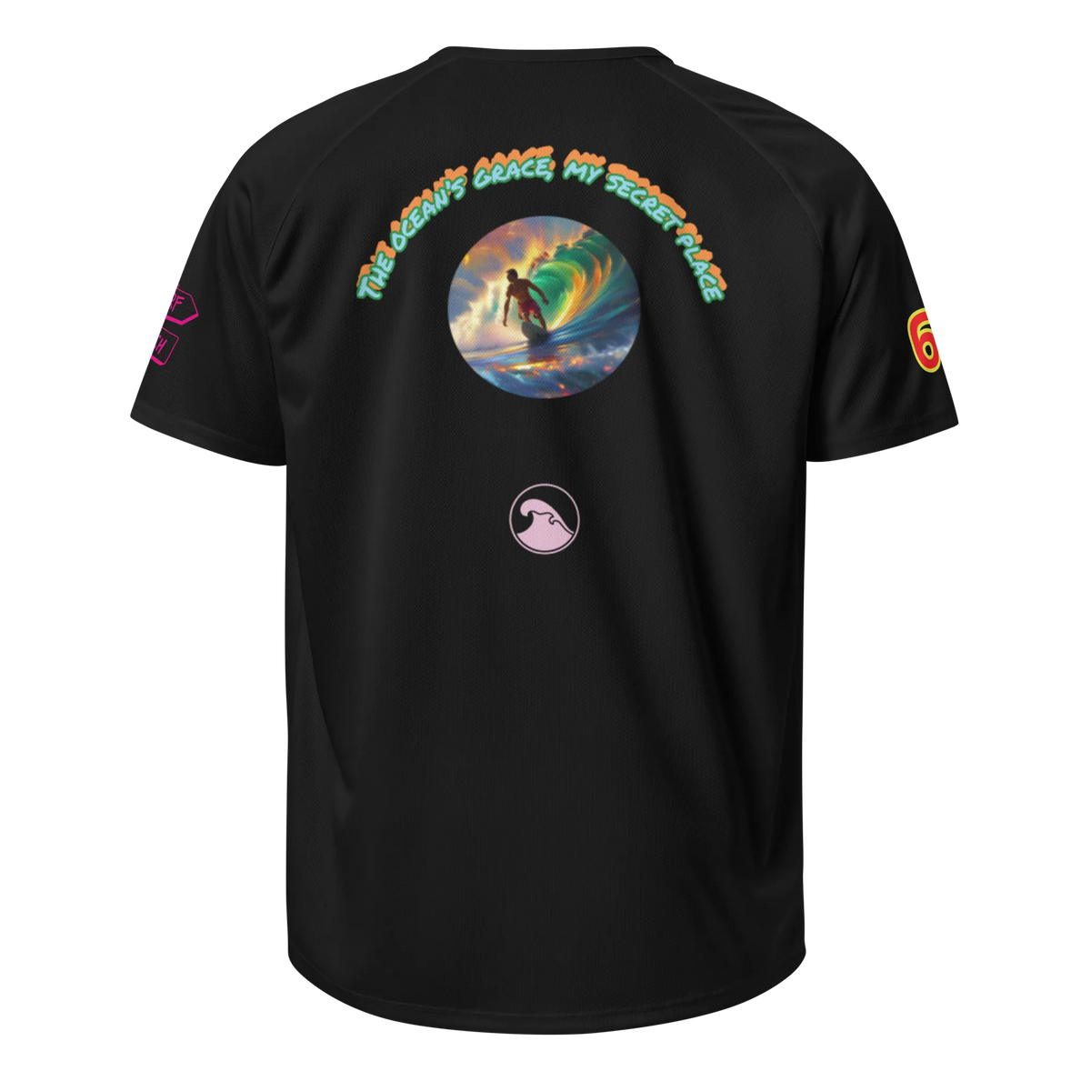 Black unisex sports jersey: back circle graphic, arched text, small surf logo