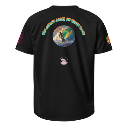 Black unisex sports jersey: back circle graphic, arched text, small surf logo