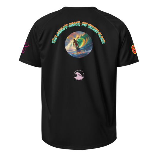 Black unisex sports jersey: back circle graphic, arched text, small surf logo