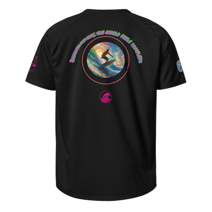 SurfLegend sports jersey in black, back view with circular surf graphic