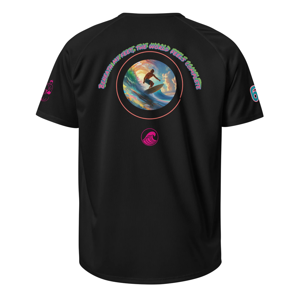 SurfLegend sports jersey in black, back view with circular surf graphic