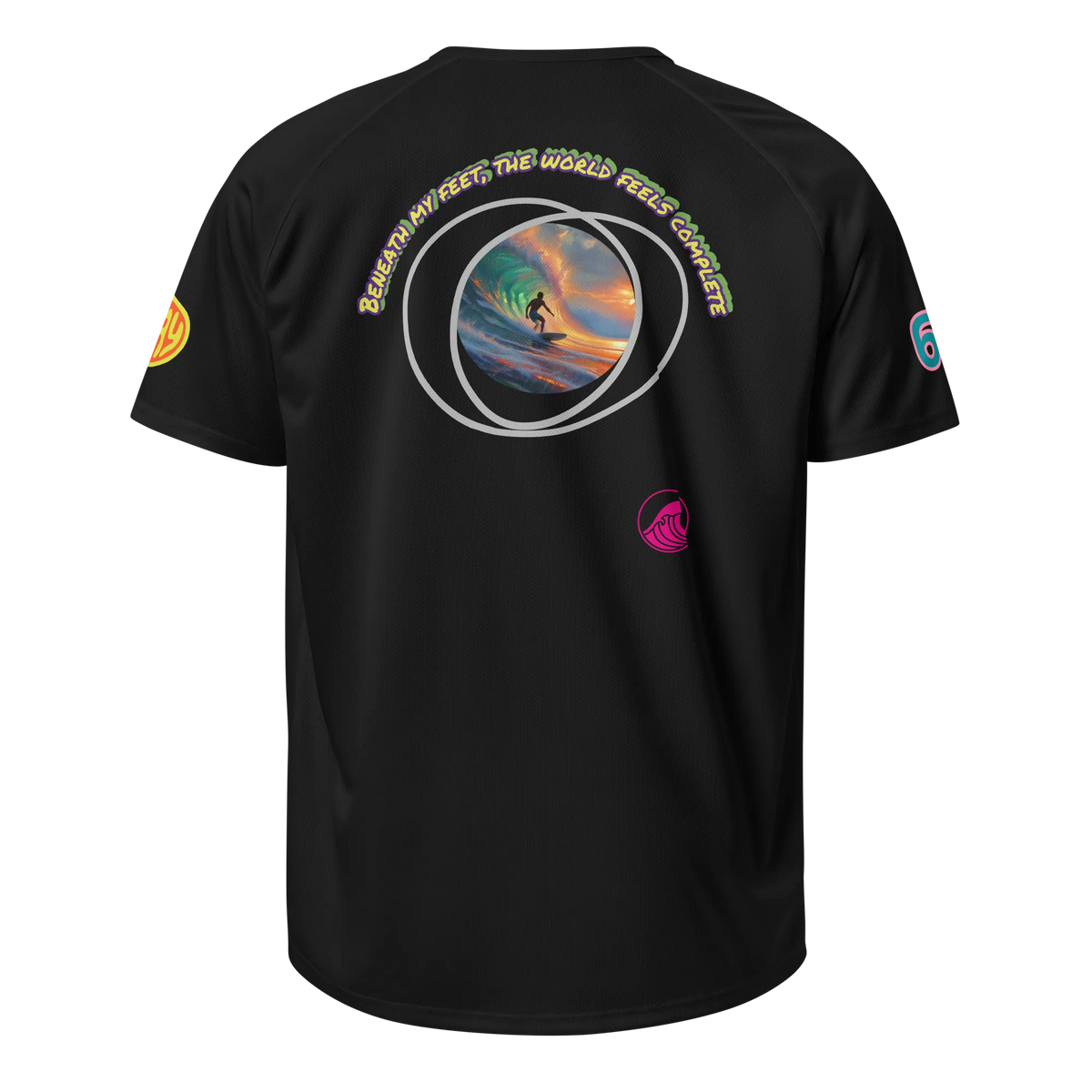 Black unisex sports jersey, back view with large circular surf graphic and chest logo