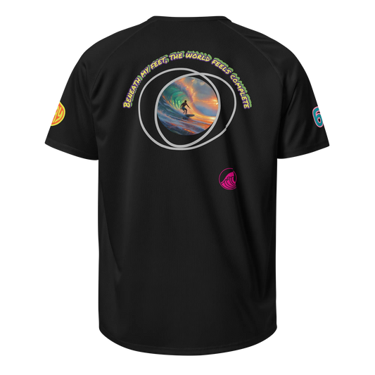 Black unisex sports jersey, back view with large circular surf graphic and chest logo