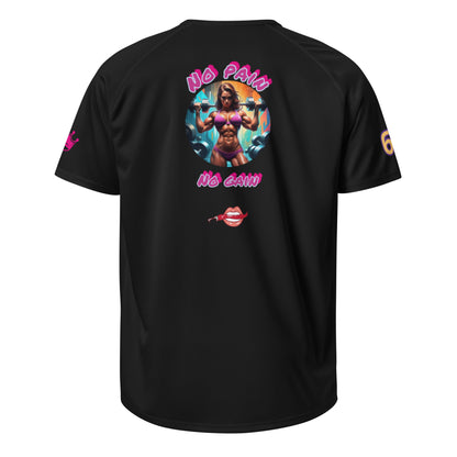 Black unisex sports jersey with large back graphic and side sleeve numbers