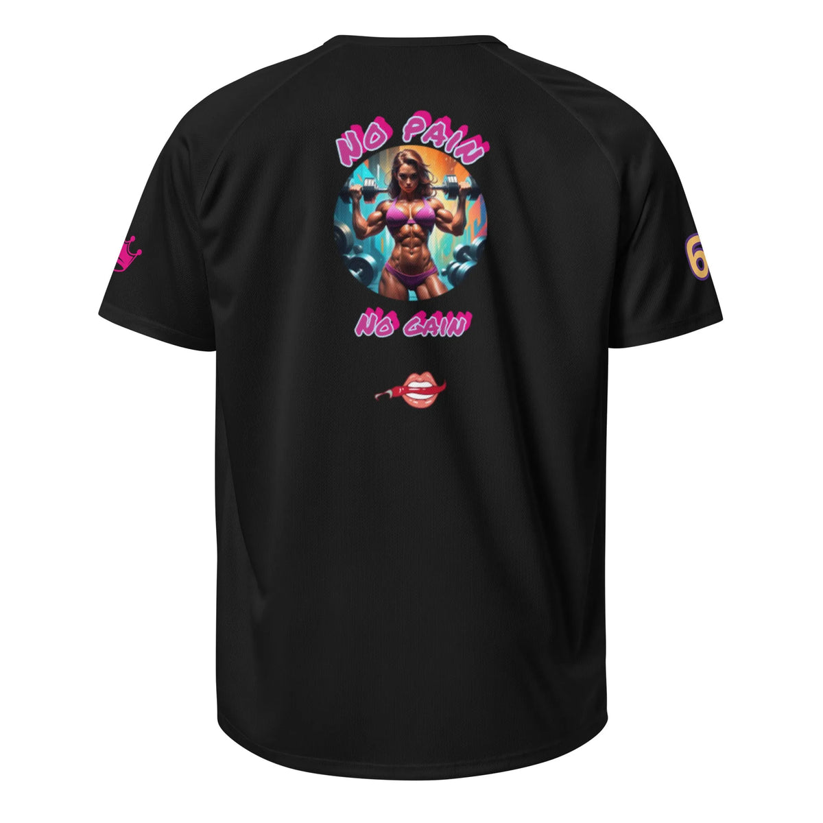 Black unisex sports jersey with large back graphic and side sleeve numbers