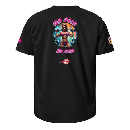 Black unisex sports jersey with large back graphic and side sleeve numbers