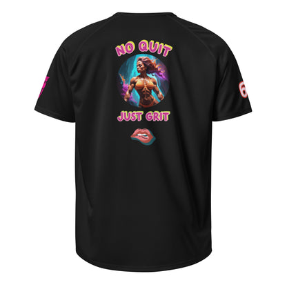 Black Sportshirt, Rückseite mit „NO QUIT JUST GRIT“-Print und Lippen-Grafik