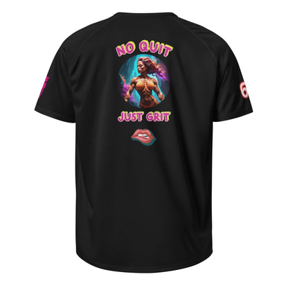 Black Sportshirt, Rückseite mit „NO QUIT JUST GRIT“-Print und Lippen-Grafik