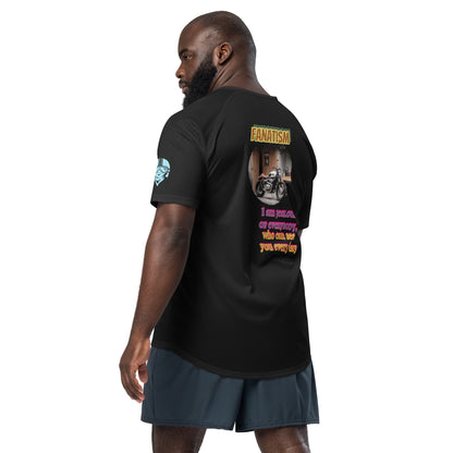 Scrambler#2 T-shirt black with back graphic FANATISM and colorful slogan text.