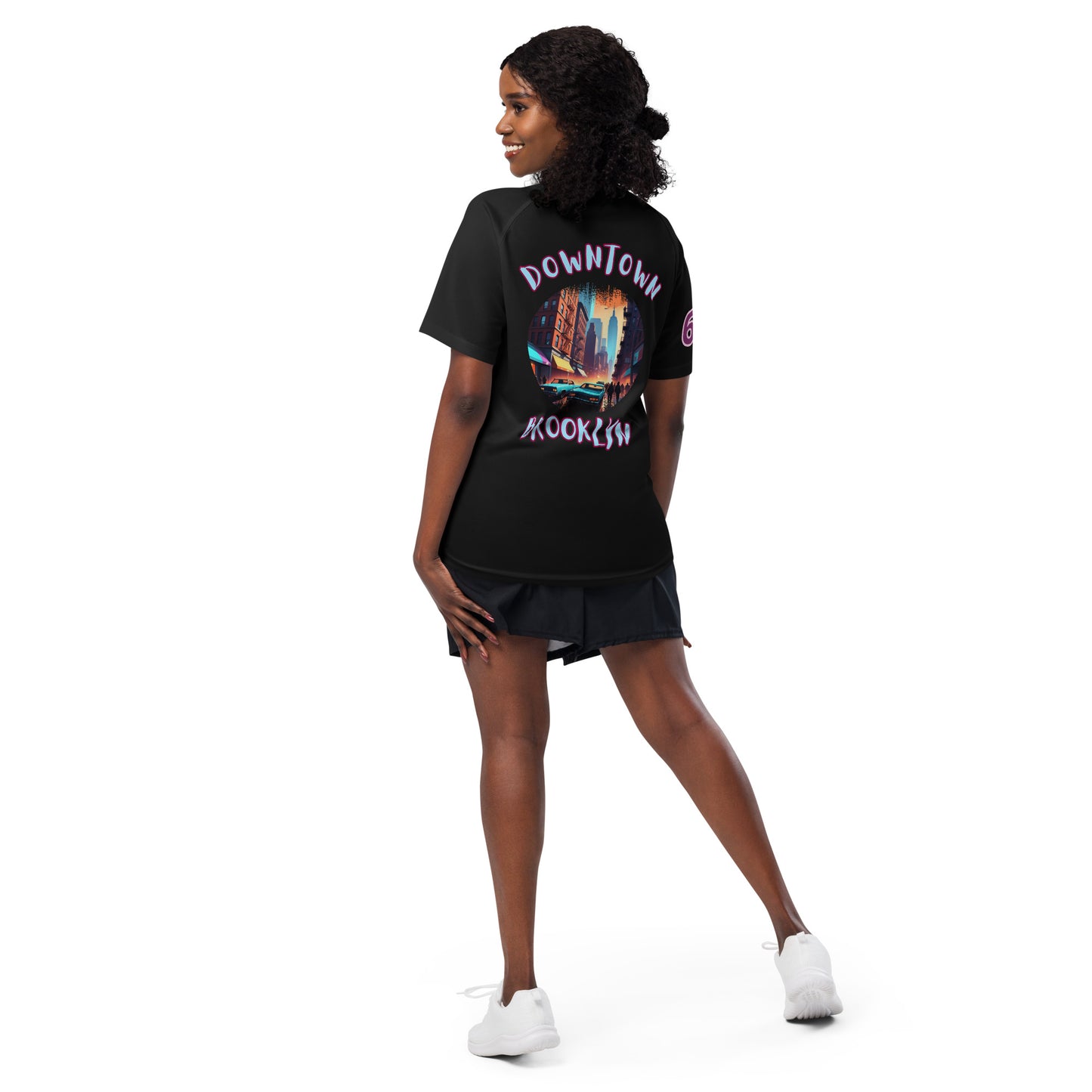 AW Brklyn sports jersey in black, back graphic print with city scene and text