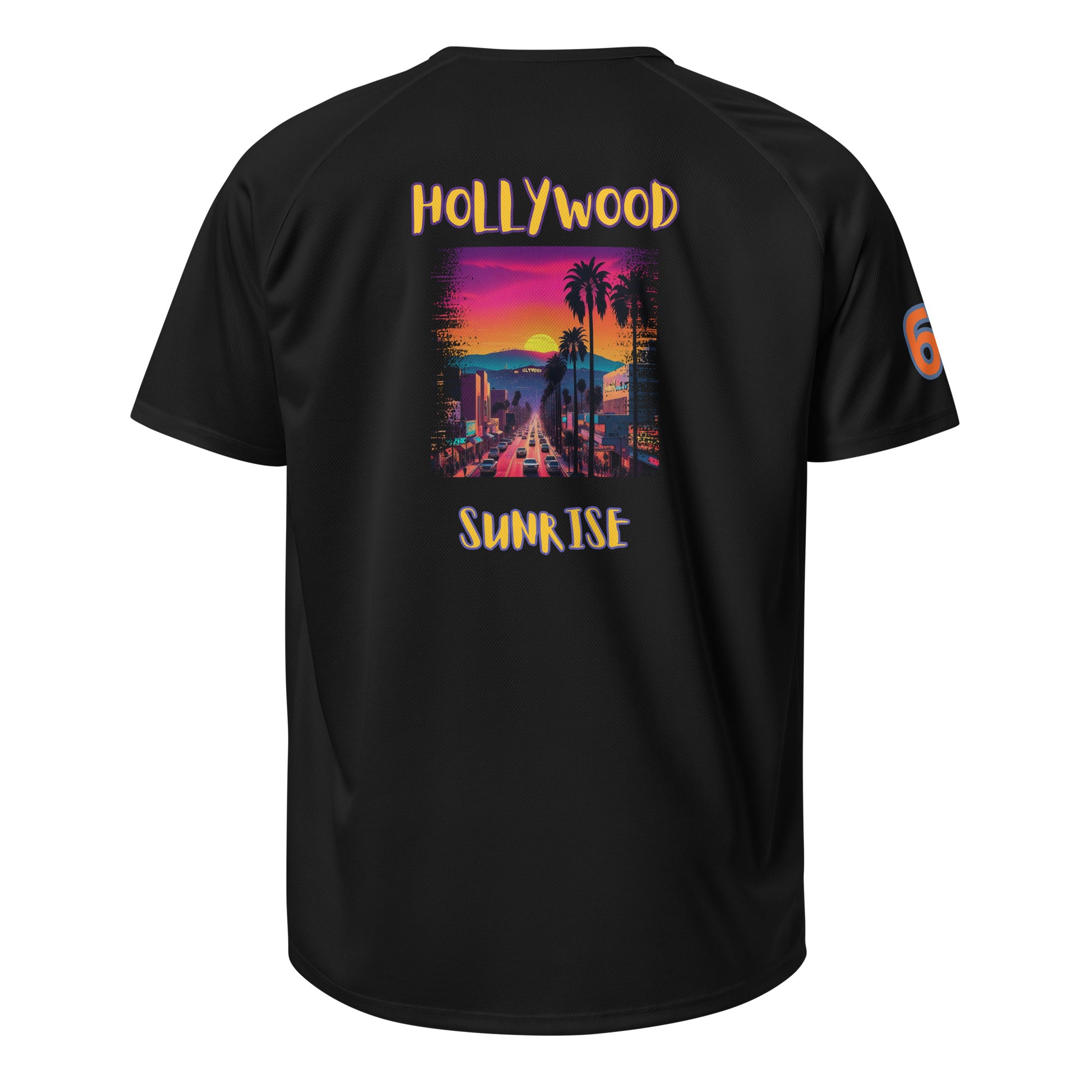 Sports jersey, black back with “HOLLYWOOD SUNRISE” graphic and “6” sleeve patch