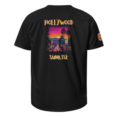 Sports jersey, black back with “HOLLYWOOD SUNRISE” graphic and “6” sleeve patch