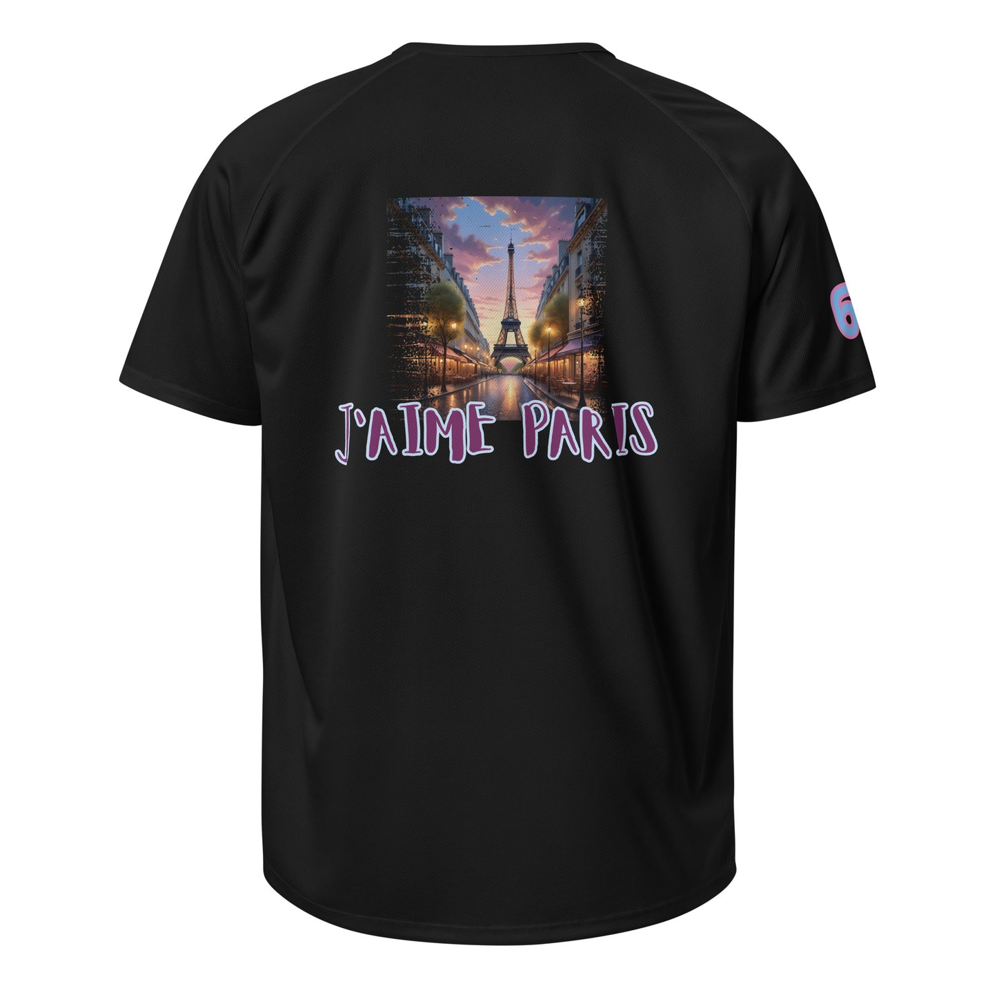 Sports jersey, black, back graphic with Eiffel Tower and “J’aime Paris” lettering.