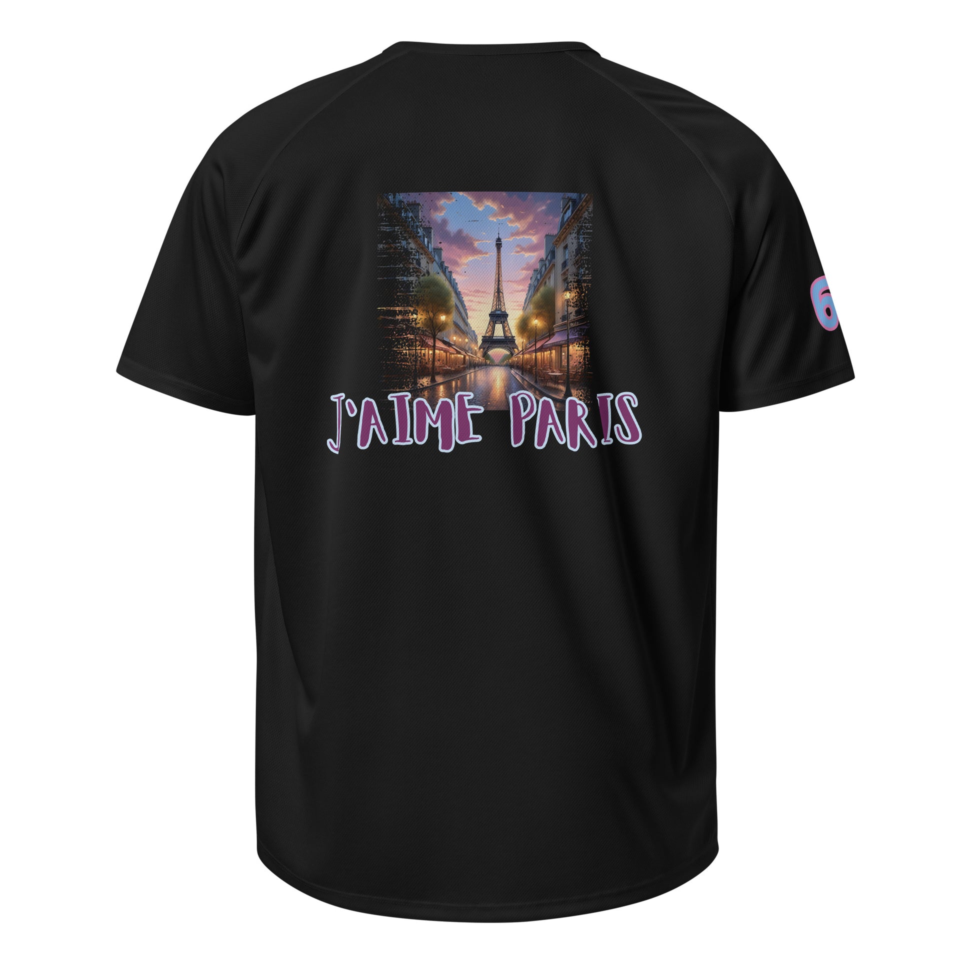 Sports jersey, black, back graphic with Eiffel Tower and “J’aime Paris” lettering.