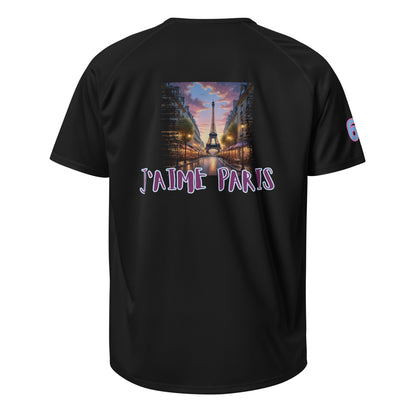 Sports jersey, black, back graphic with Eiffel Tower and “J’aime Paris” lettering.