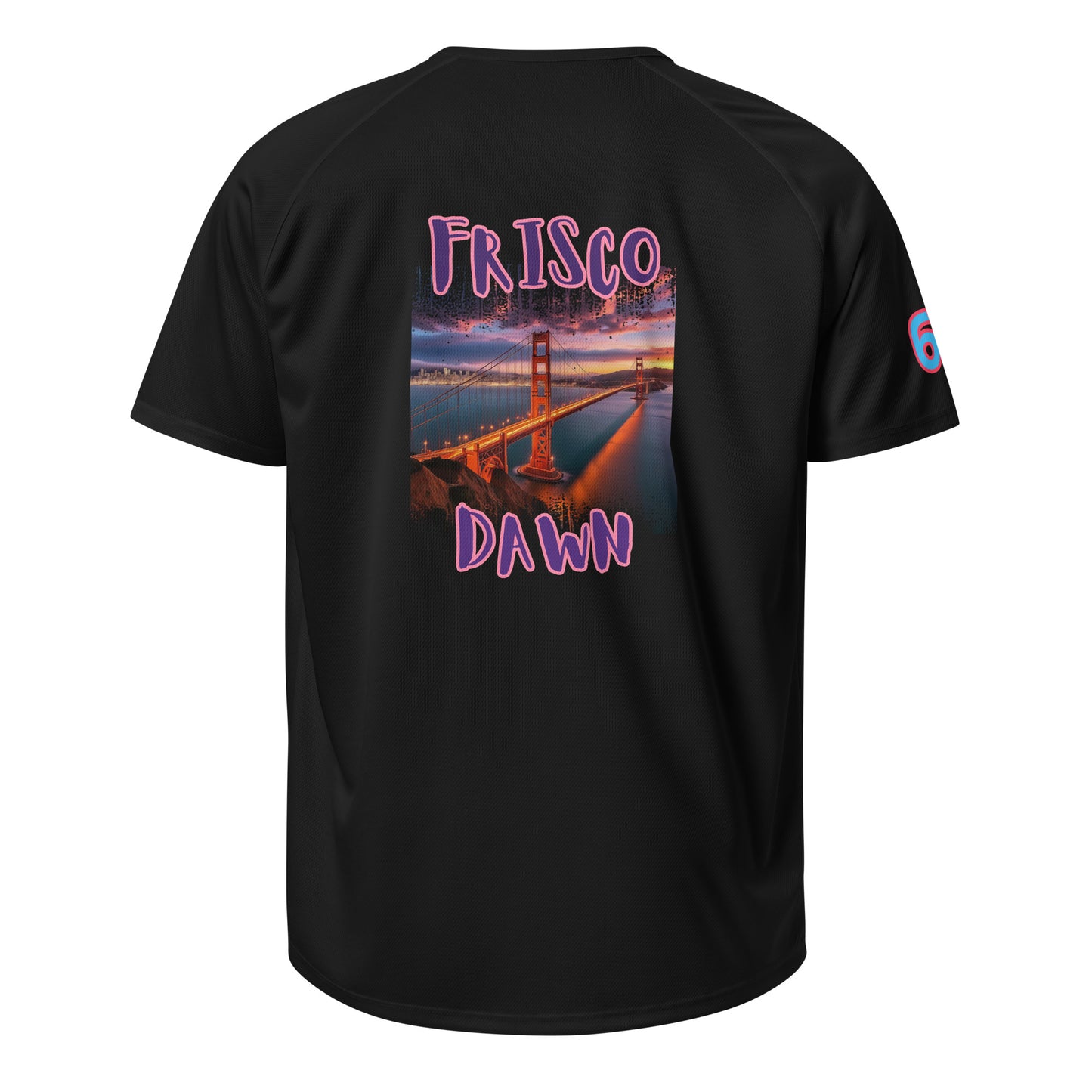 Black sports jersey back with Frisco Dawn graphic and “6” sleeve number