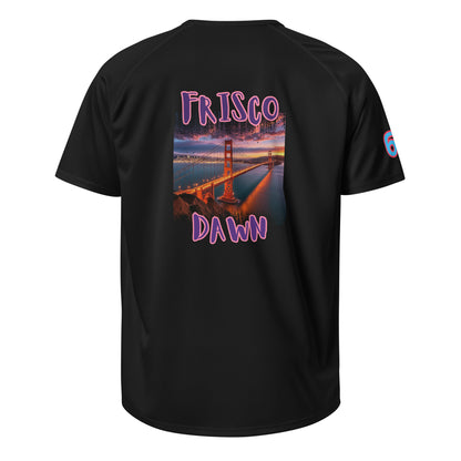 Black sports jersey back with Frisco Dawn graphic and “6” sleeve number