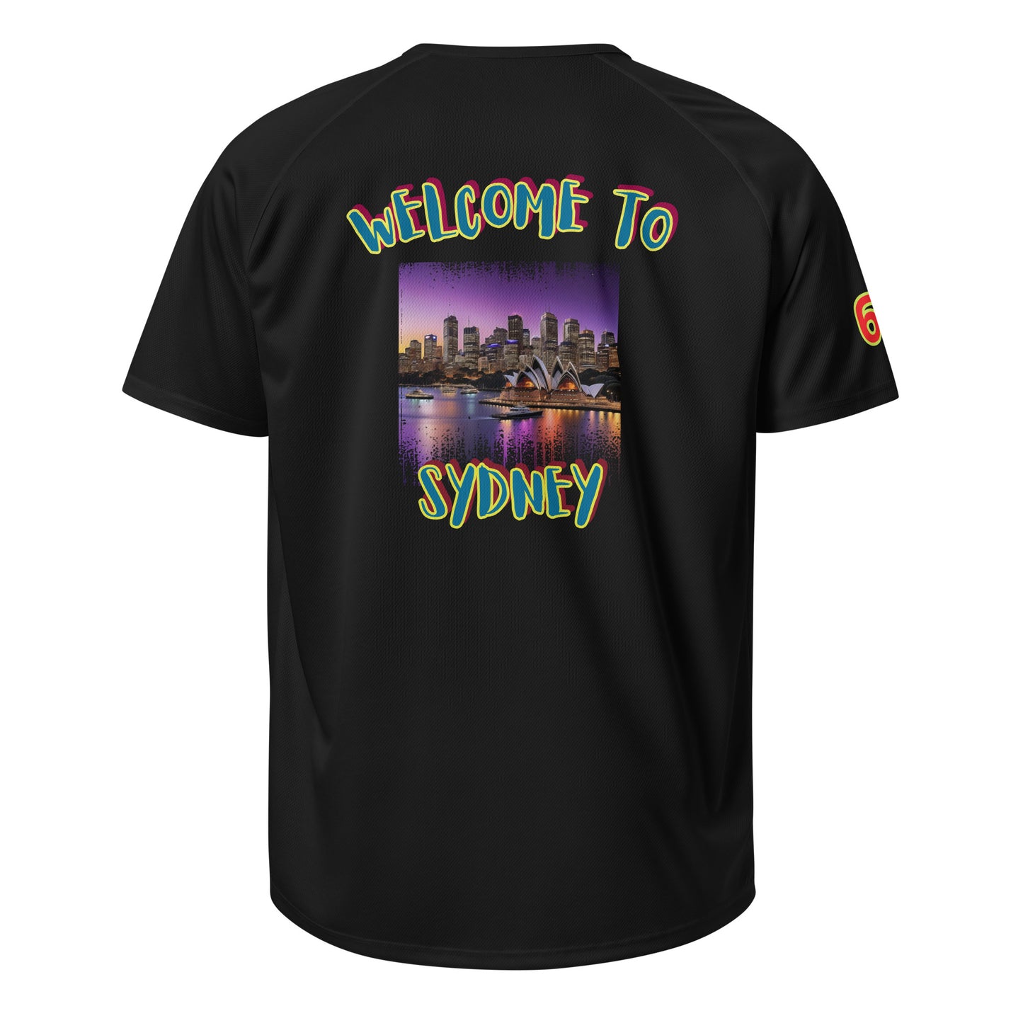 Black sports jersey back with Welcome To Sydney graphic