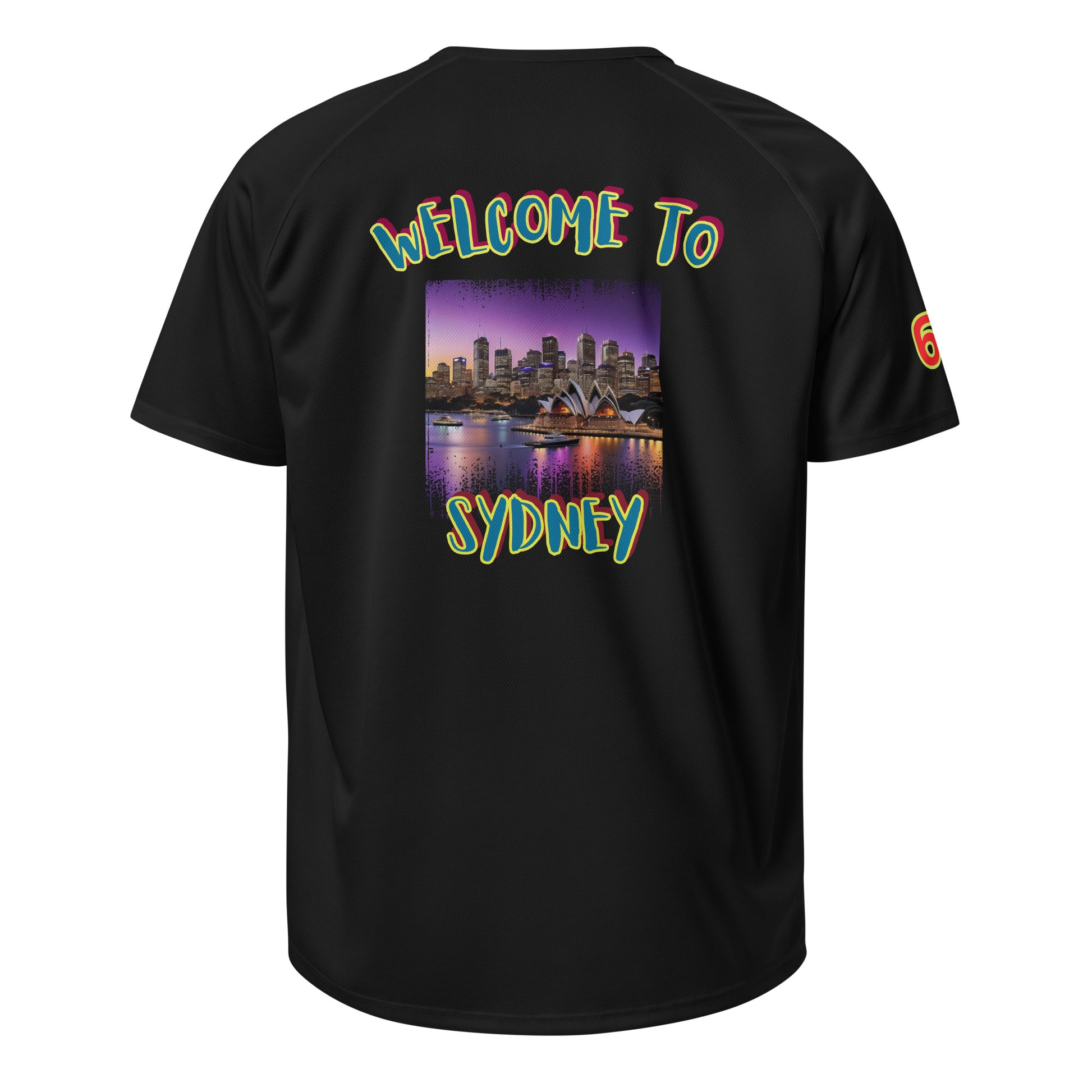Black sports jersey back with Welcome To Sydney graphic