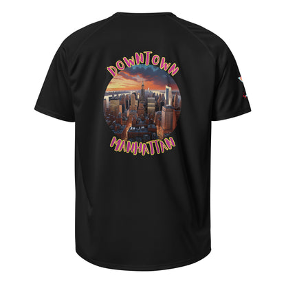 Sports jersey, black back with Manhattan graphic print