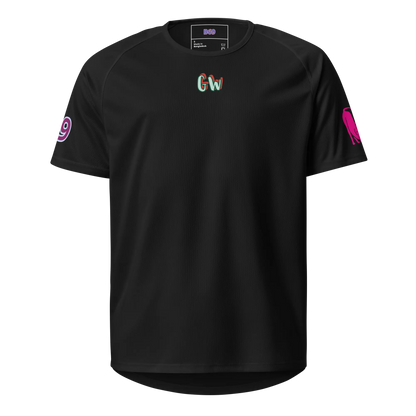 Black unisex sports jersey front with small colorful “Gw” logo