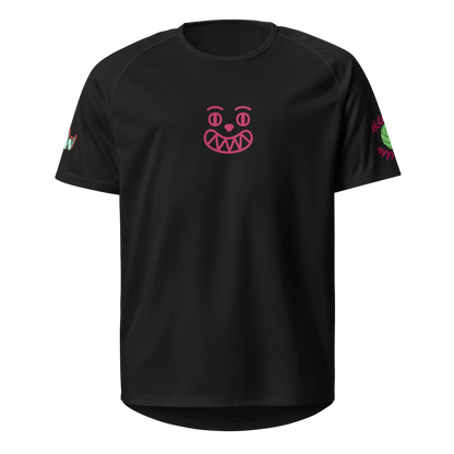 Black unisex sports jersey with pink emblem face on the front