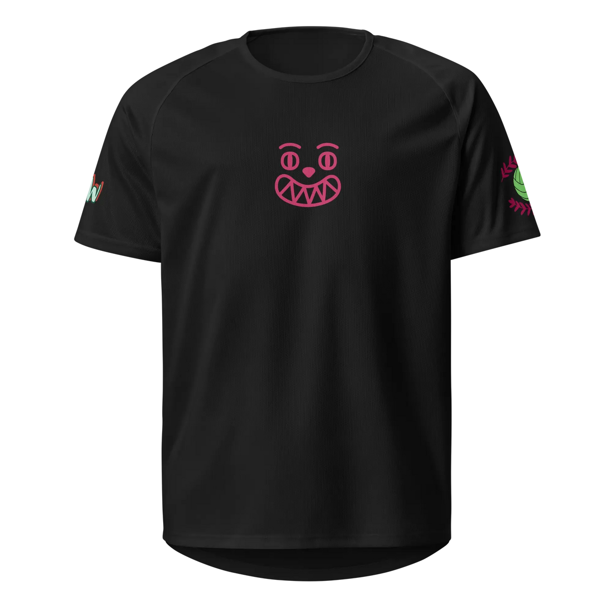 Black unisex sports jersey with pink emblem face on the front
