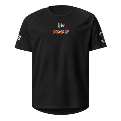 Black unisex sports jersey, front logo and MOVE IT print, short sleeves