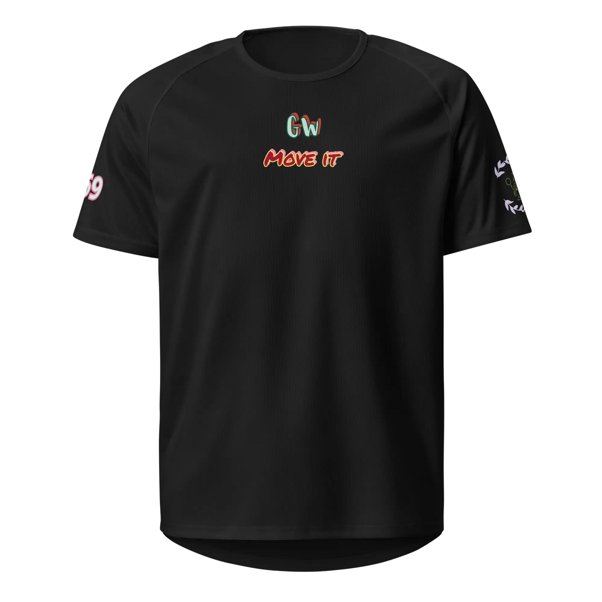 Black unisex sports jersey, front logo and MOVE IT print, short sleeves