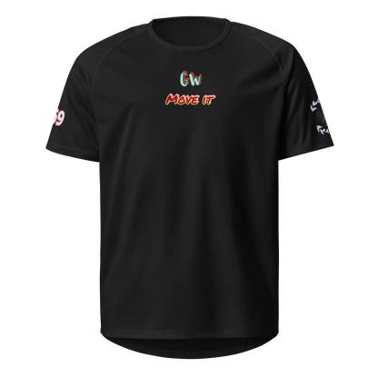 Black unisex sports jersey, front logo and MOVE IT print, short sleeves