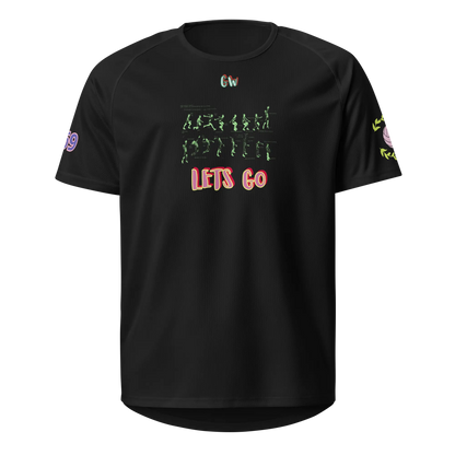 Unisex sports jersey, black, front print with green figures and “LET'S GO”