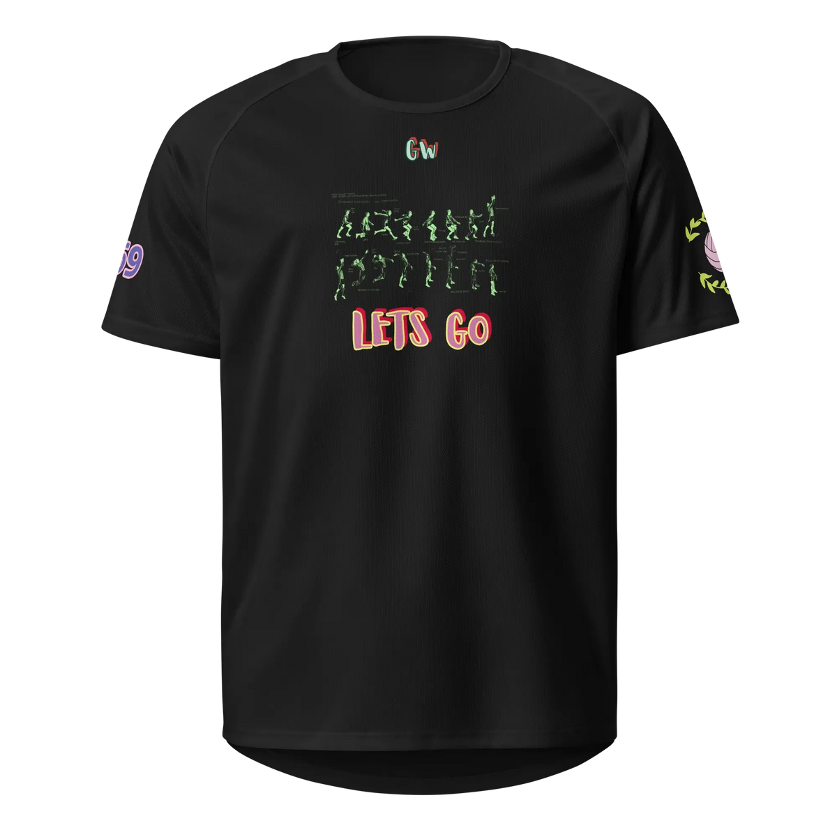 Unisex sports jersey, black, front print with green figures and “LET'S GO”