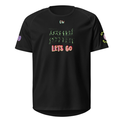 Unisex sports jersey, black, front print with green figures and “LET'S GO”
