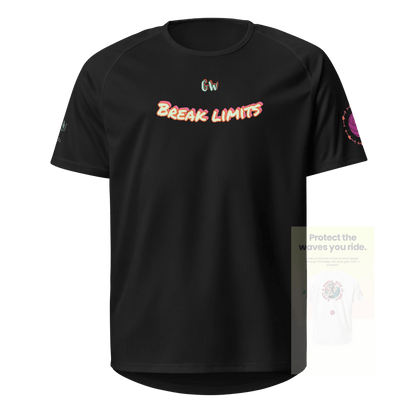 Black unisex sports jersey, front “Break limits” text with small logo