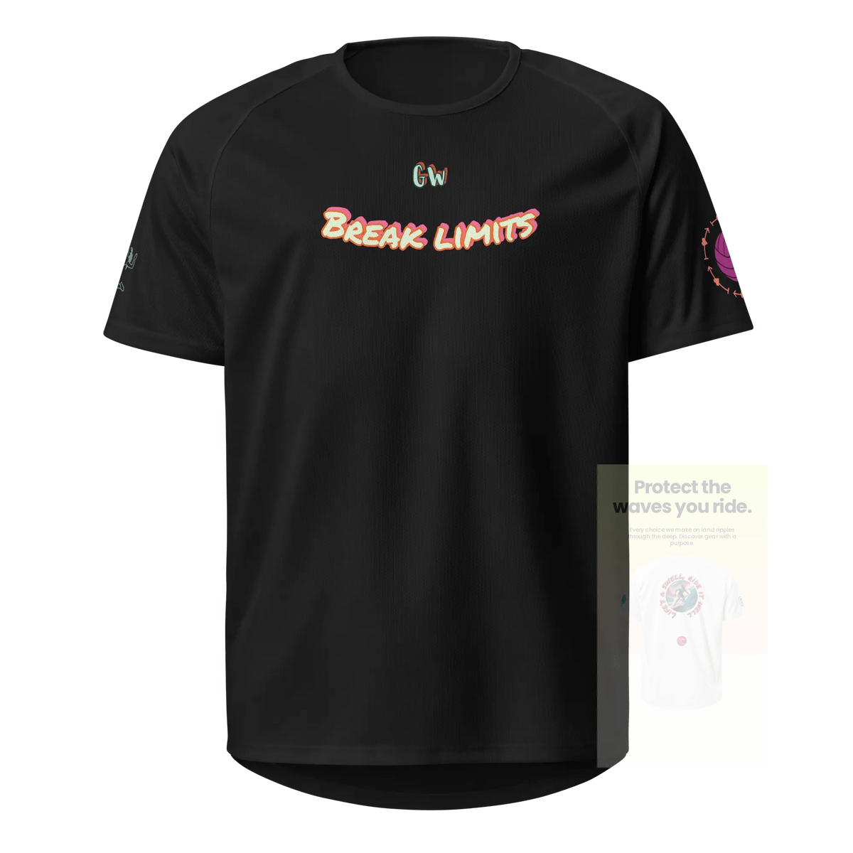 Black unisex sports jersey, front “Break limits” text with small logo