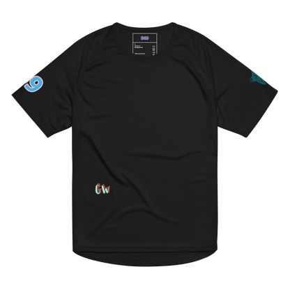 Unisex sports jersey schwarz, kleines Gw-Logo, bunte Sleeve-Icons