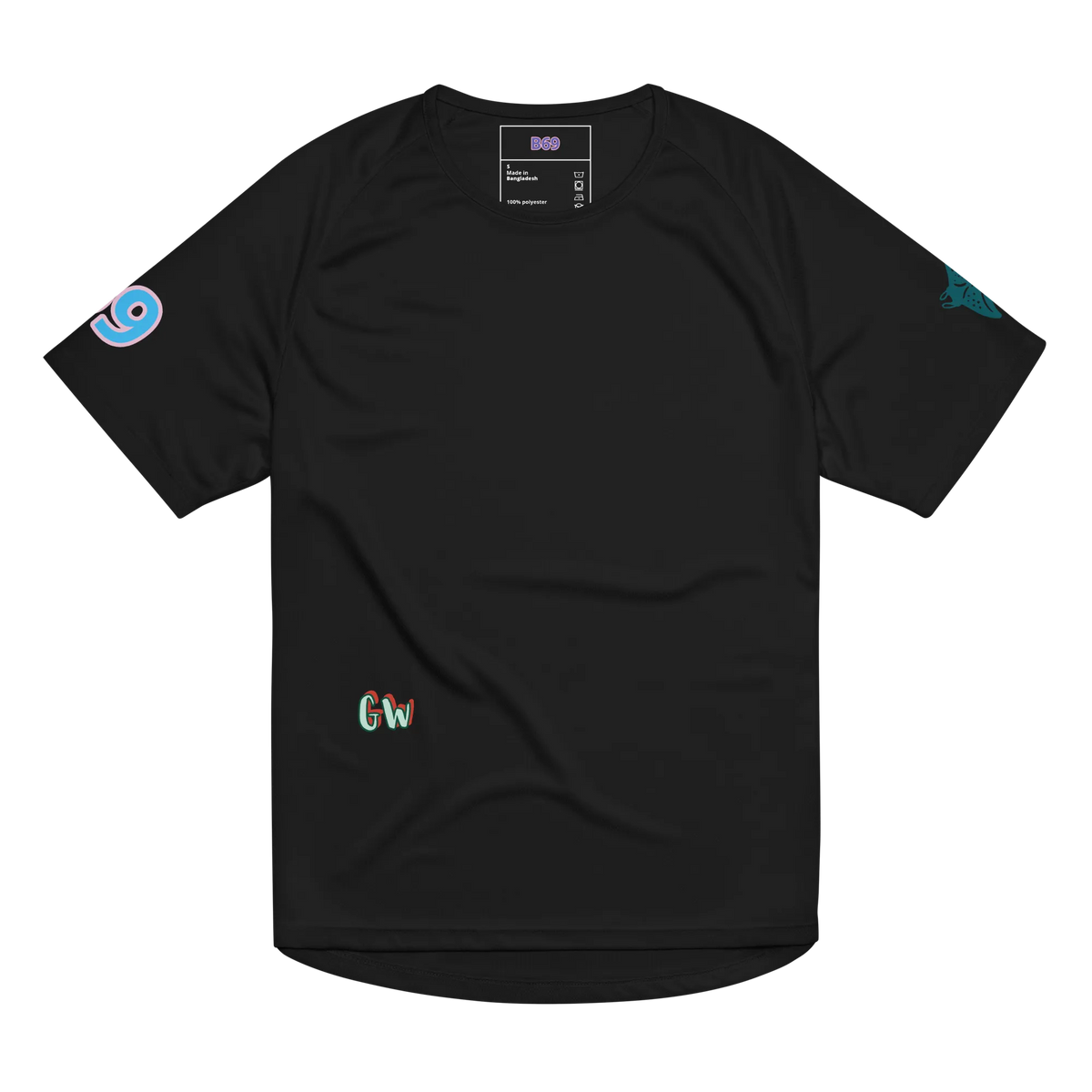 Unisex sports jersey schwarz, kleines Gw-Logo, bunte Sleeve-Icons