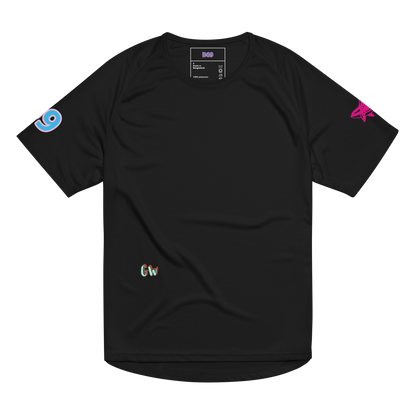 Unisex sports jersey, black, solid front with small sleeve icons and chest logo