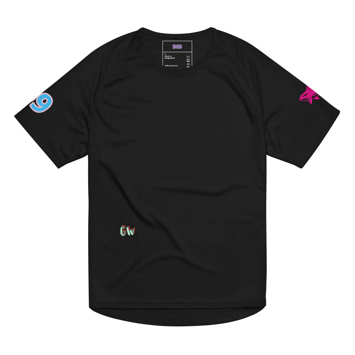 Unisex sports jersey, black, solid front with small sleeve icons and chest logo