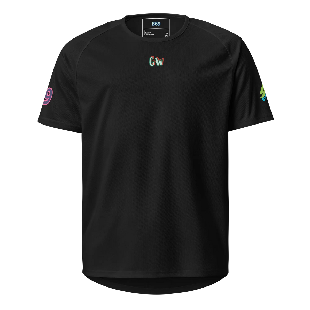 Black unisex sports jersey, front chest Gw logo