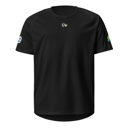 Black sports jersey with small Gw logo on chest and side sleeve marks