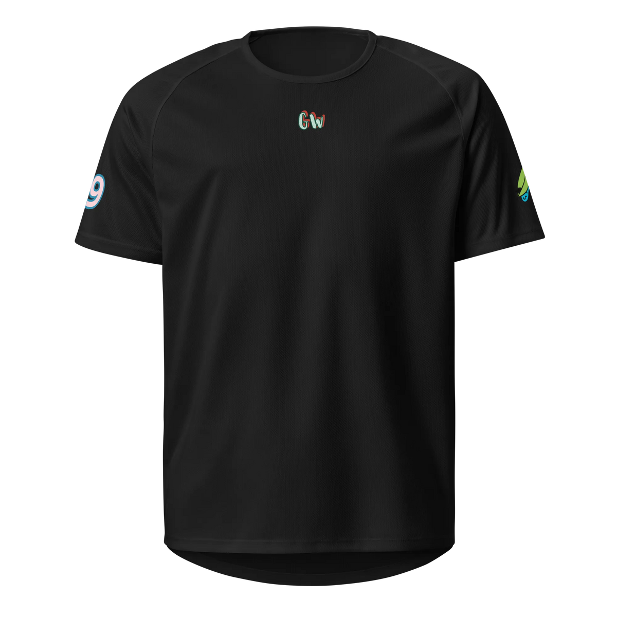 Black sports jersey with small Gw logo on chest and side sleeve marks
