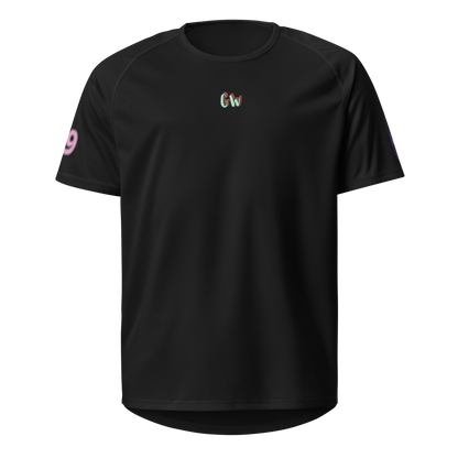 Black sports jersey front with small Gw logo, short sleeves and side sleeve 9 detail
