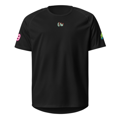 Black sports jersey front with small Gw logo and colorful sleeve 9