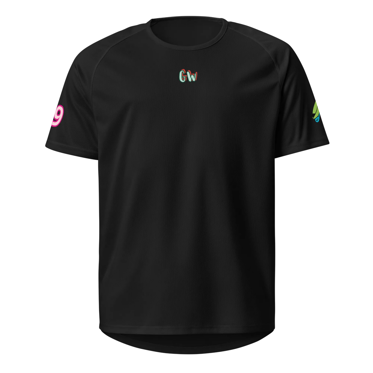 Black sports jersey front with small Gw logo and colorful sleeve 9