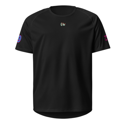 Black sports jersey, front view with small Gw logo and pink sleeve accents