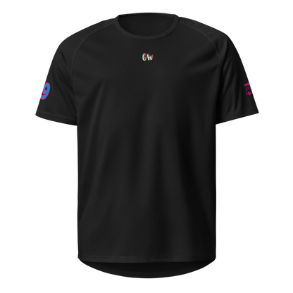 Black sports jersey, front view with small Gw logo and pink sleeve accents